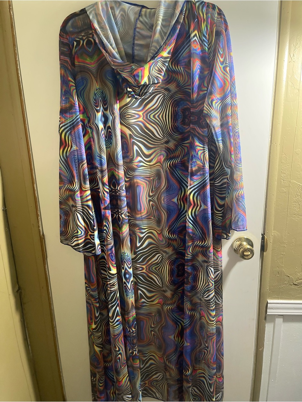 Psychedelic Mesh Hooded Duster Cardigan Festival Cover Up Size Large